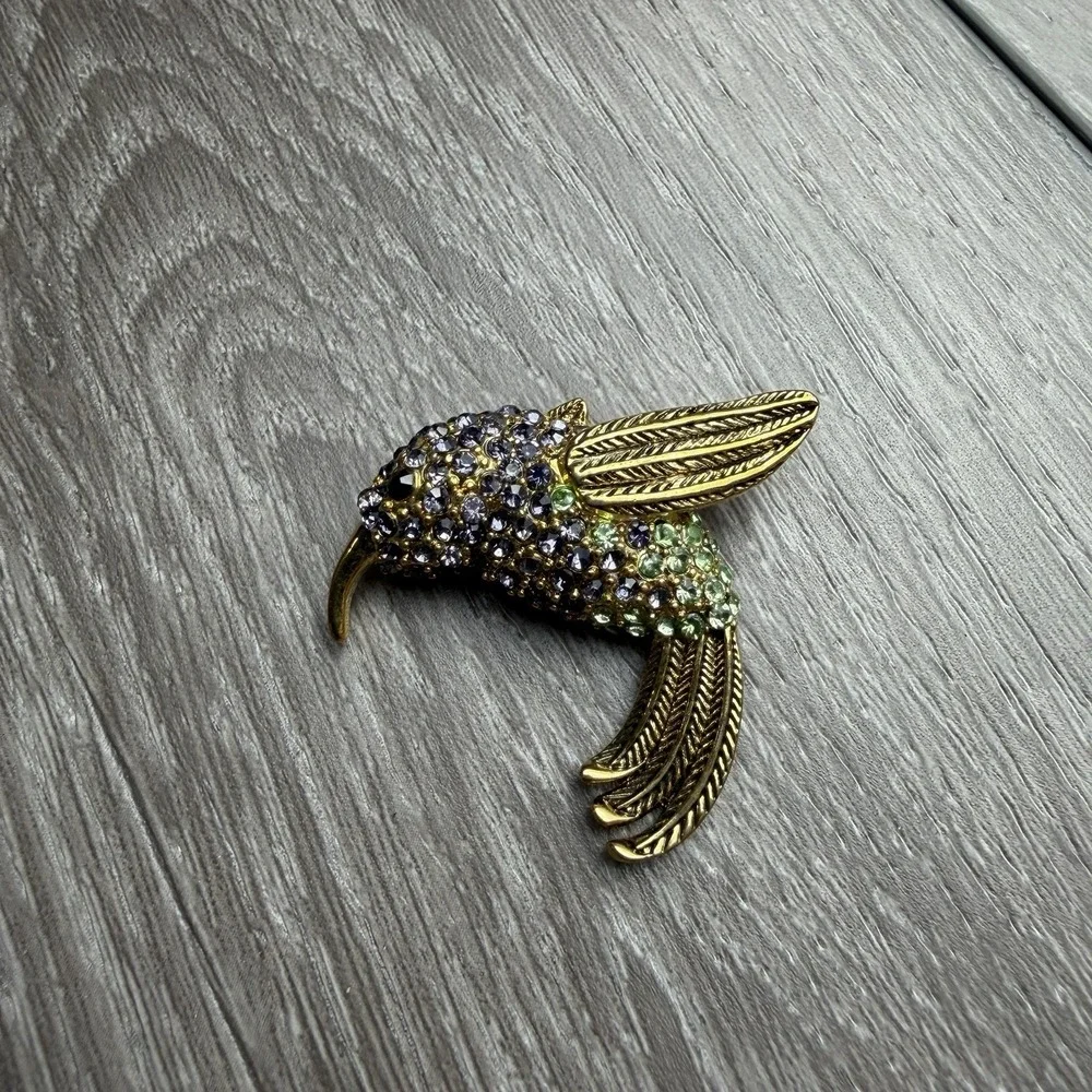 Vintage Signed Monet Purple Green Rhinestone Hummingbird Brooch Pin Gold Tone